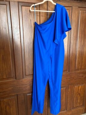 VENUS One-Shoulder Flattering Draped Jumpsuit in Blue size 12 *spot